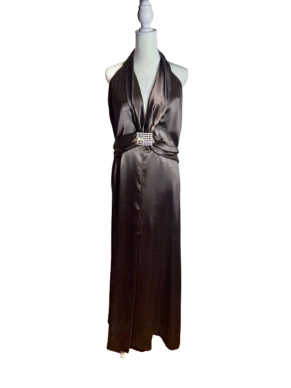 Vintage Chocolate Brown Satin Halter Evening Gown with Rhinestone Waist